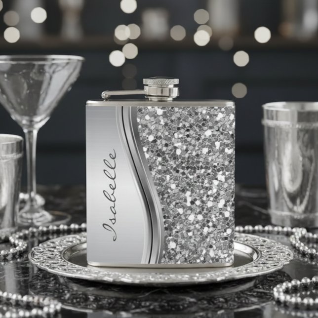 Silver Faux Glitter Glam Bling Personalized Metal Flask (Creator Uploaded)
