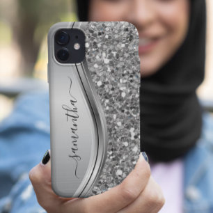 Silver Faux Glitter Glam Bling Personalized Metal iPhone 13 Case