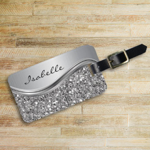 Silver Faux Glitter Glam Bling Personalized Metal Luggage Tag