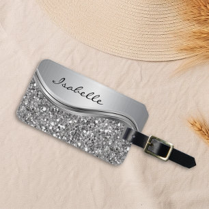 Silver Faux Glitter Glam Bling Personalized Metal Luggage Tag
