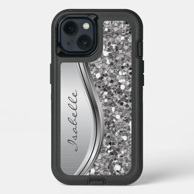 Silver Faux Glitter Glam Bling Personalized Metal  Otterbox iPhone Case (Back)
