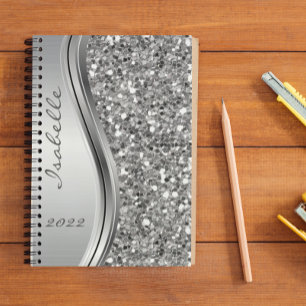 Silver Faux Glitter Glam Bling Personalized Metal Planner