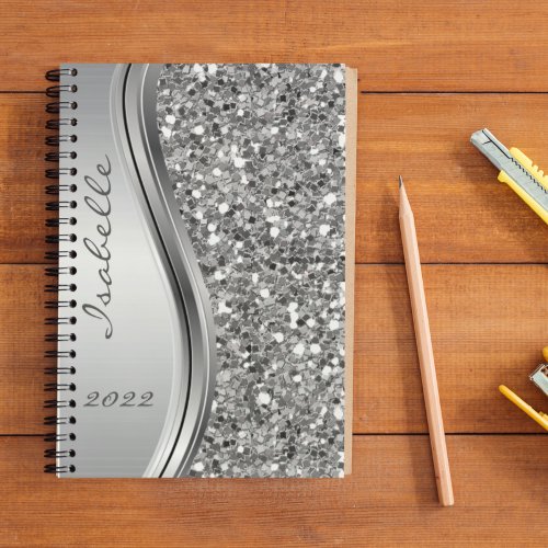 Silver Faux Glitter Glam Bling Personalized Metal Planner
