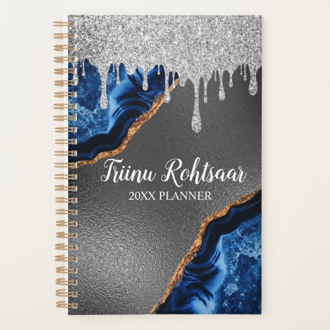 Silver Faux Glitter Glam Bling Personalized Metal  Planner (Front)