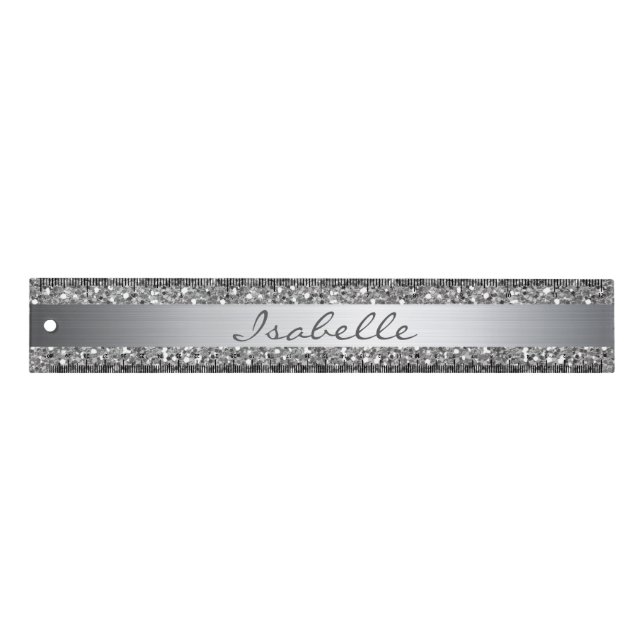 Silver Faux Glitter Glam Bling Personalized Metal Ruler (Front)