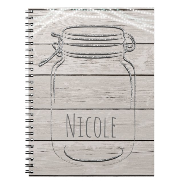 Silver Faux Glitter Mason Jar Sparkle Rustic Glam Notebook (Front)
