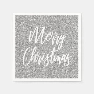 Silver Faux Glitter Merry Christmas Calligraphy Napkins