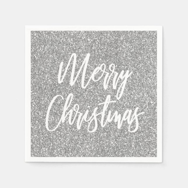 Silver Faux Glitter Merry Christmas Calligraphy Napkins (Front)
