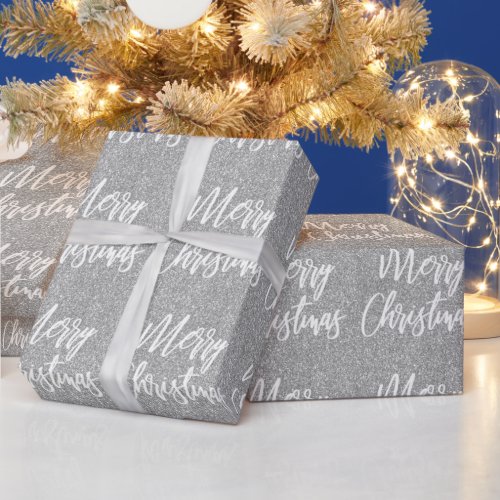 Silver Faux Glitter Merry Christmas Calligraphy Wrapping Paper