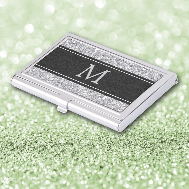 Silver Faux Glitter Monogram Business Card Holder (Creator Uploaded)