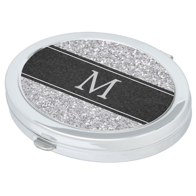 Silver Faux Glitter Monogram Compact Mirror (Turned)