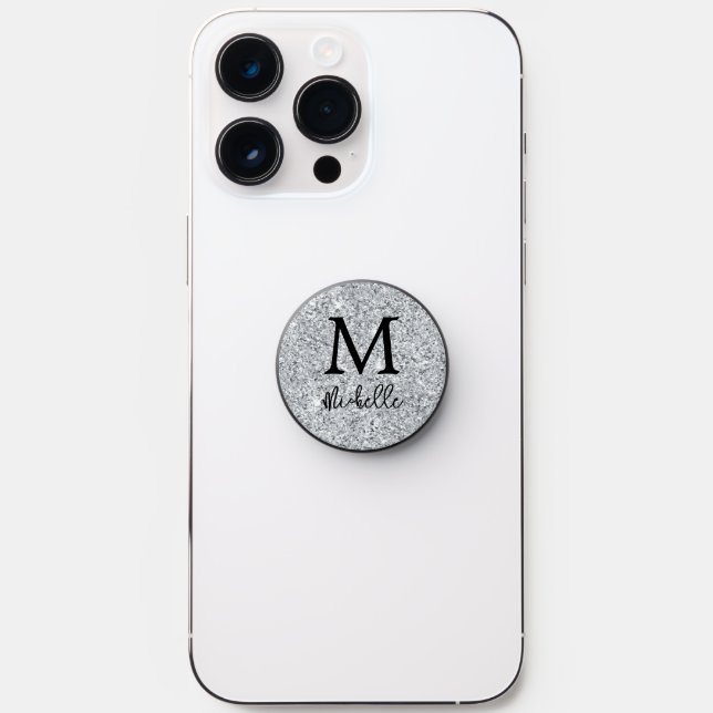 Silver Faux Glitter Monogram Initial Name PopSocket (Front)