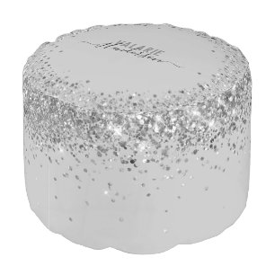 Silver Faux Glitter Monogrammed Round Pouf