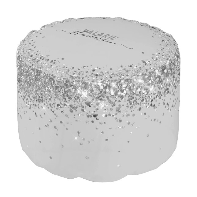 Silver Faux Glitter Monogrammed Round Pouf (Angled Back)