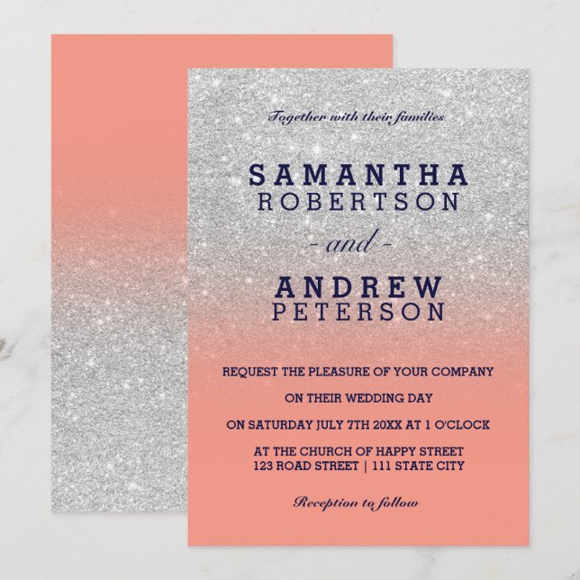 Silver faux glitter navy blue coral ombre wedding invitation (Front/Back)