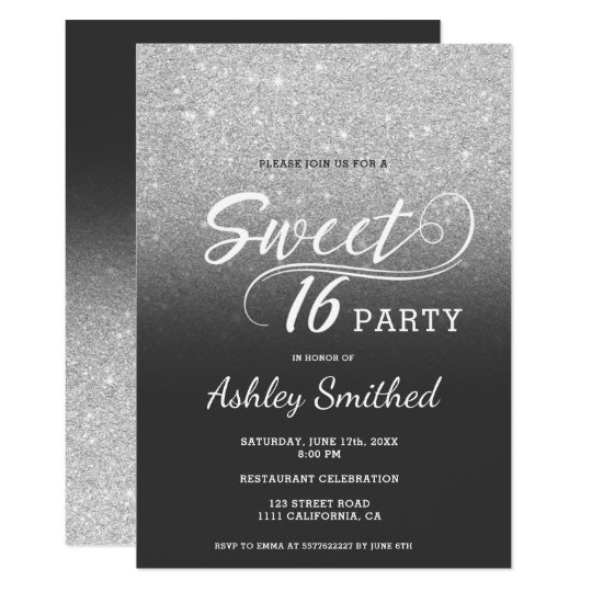 Silver faux glitter ombre typographySweet 16 Invitation | Zazzle.com