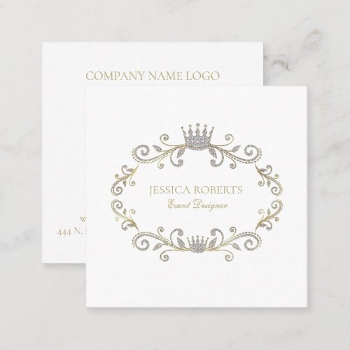 Silver Faux Glitter Ornate Crown Frame  Square Business Card