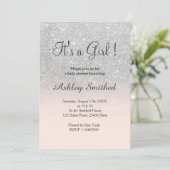 Silver faux glitter pink ombre girl baby shower invitation (Standing Front)