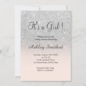 Silver faux glitter pink ombre girl baby shower invitation (Front)