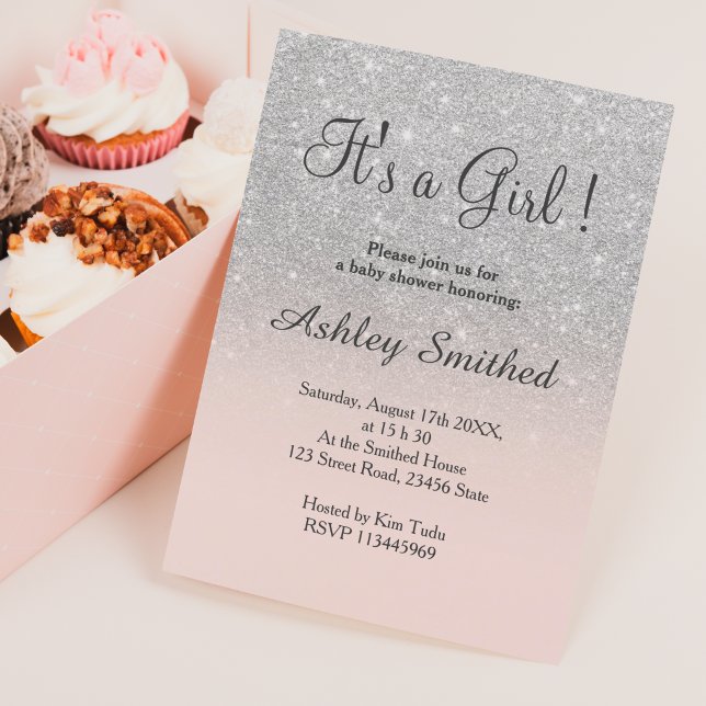 Silver faux glitter pink ombre girl baby shower invitation