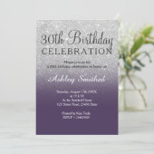 Silver faux glitter purple ombre 30th birthday invitation (Standing Front)