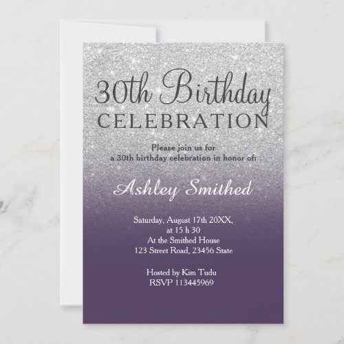Silver faux glitter purple ombre 30th birthday invitation