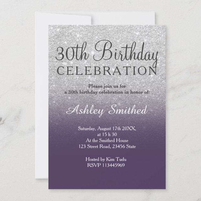 Silver faux glitter purple ombre 30th birthday invitation (Front)