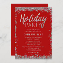 Silver Faux Glitter Red Holiday Party Invitation