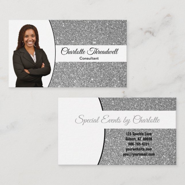 Silver Faux Glitter Replaceable Professional Photo Business Card (Front/Back)