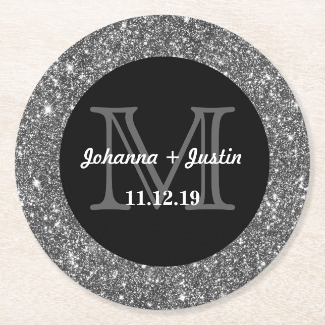 Silver Faux Glitter Shining Bling Wedding Monogram Round Paper Coaster (Front)