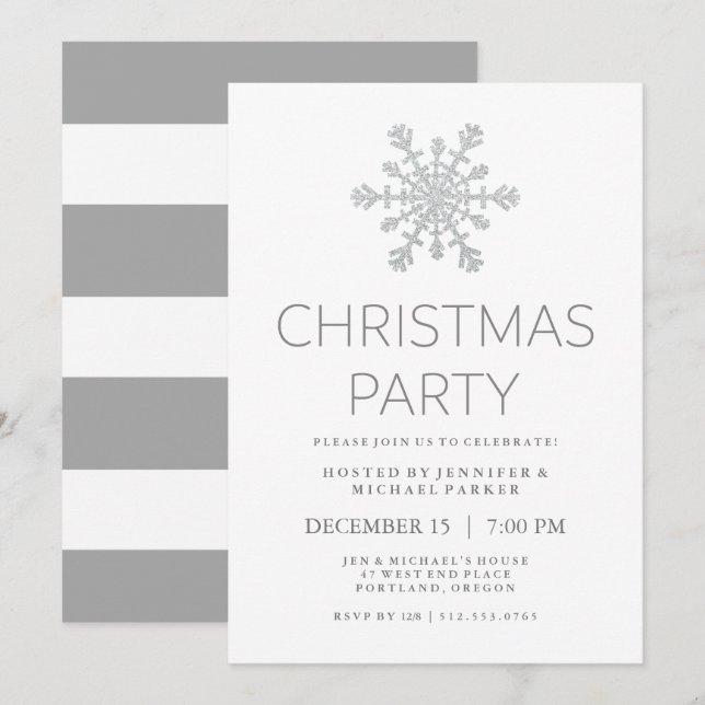 Silver Faux Glitter Snowflake Christmas Party Invitation (Front/Back)