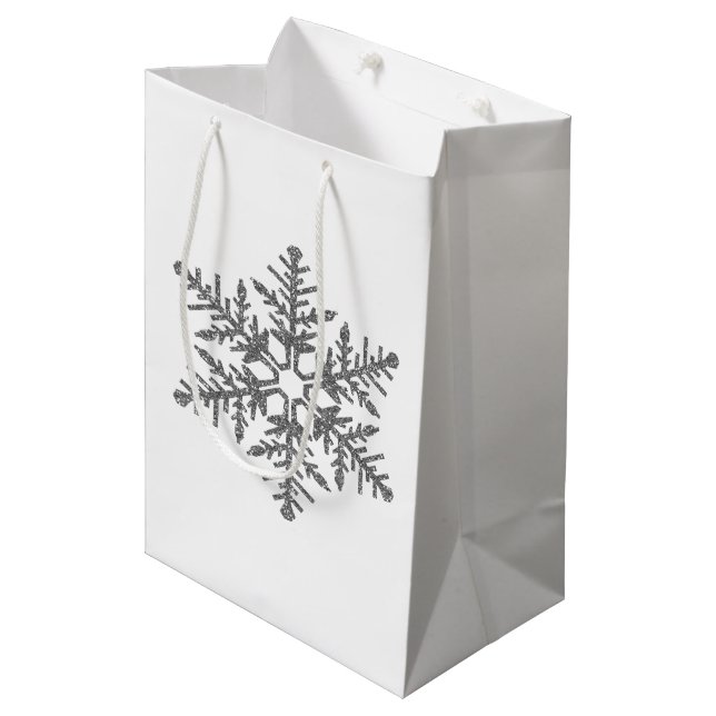 Silver Faux Glitter Snowflake Medium Gift Bag (Front Angled)