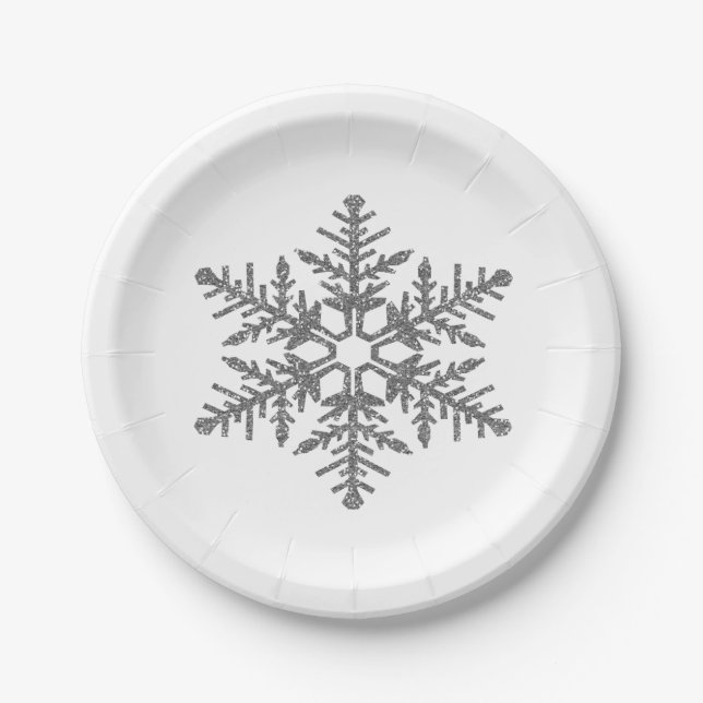Silver Faux Glitter Snowflake Paper Plates (Front)