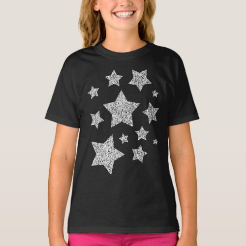 Silver faux glitter sparkles black white Stars T_Shirt