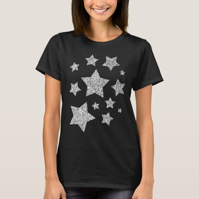 Silver faux glitter sparkles black white Stars T-Shirt (Front)