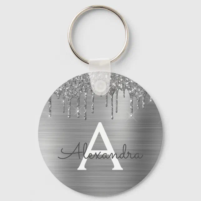 Silver Faux Glitter Stainless Steel Monogram Keychain | Zazzle