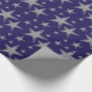 Silver Faux Glitter Stars On Navy Blue Wrapping Paper by peacefuldreams at Zazzle