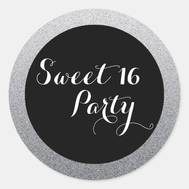 Silver Faux Glitter Sweet 16 Favor Seal Sticker (Front)