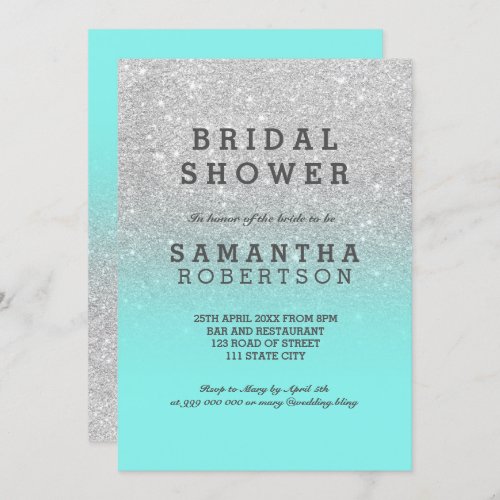 Silver faux glitter teal ocean chic bridal shower invitation