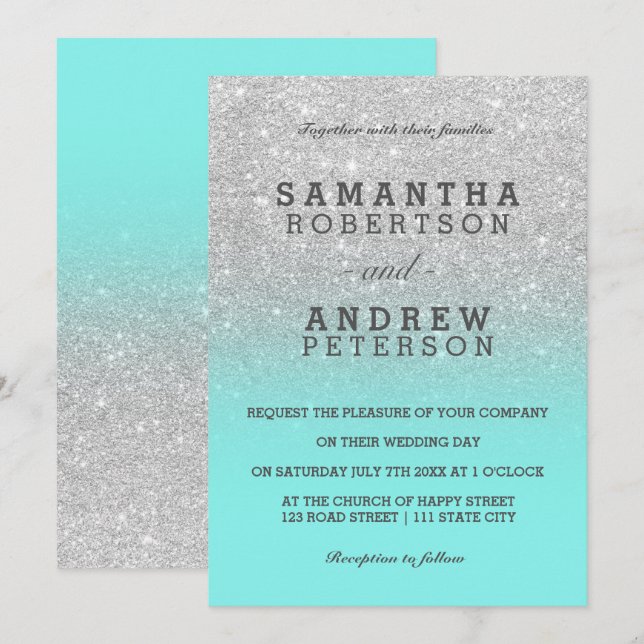Silver faux glitter teal ocean ombre chic wedding invitation (Front/Back)