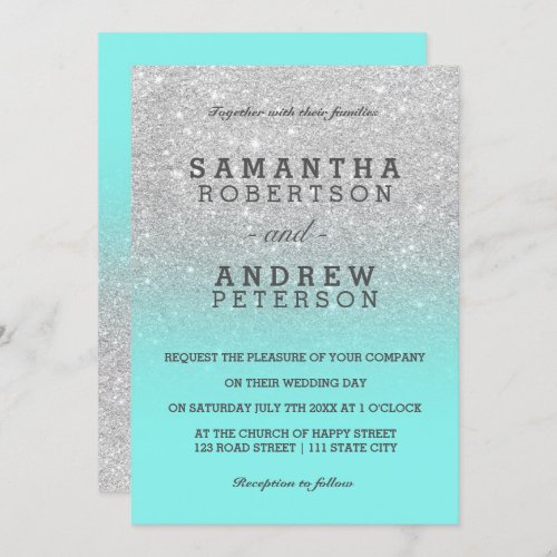 Silver faux glitter teal ocean ombre chic wedding invitation