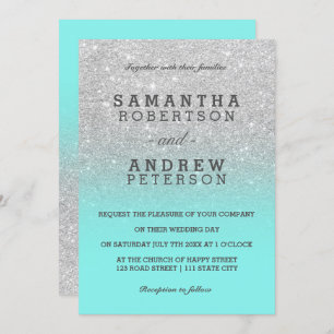 Silver faux glitter teal ocean ombre chic wedding invitation
