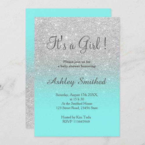 SIlver faux glitter teal ombre girl baby shower Invitation