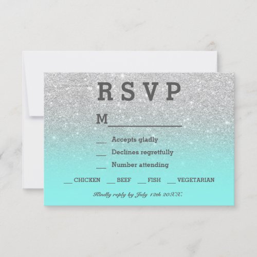 Silver faux glitter teal ombre RSVP wedding