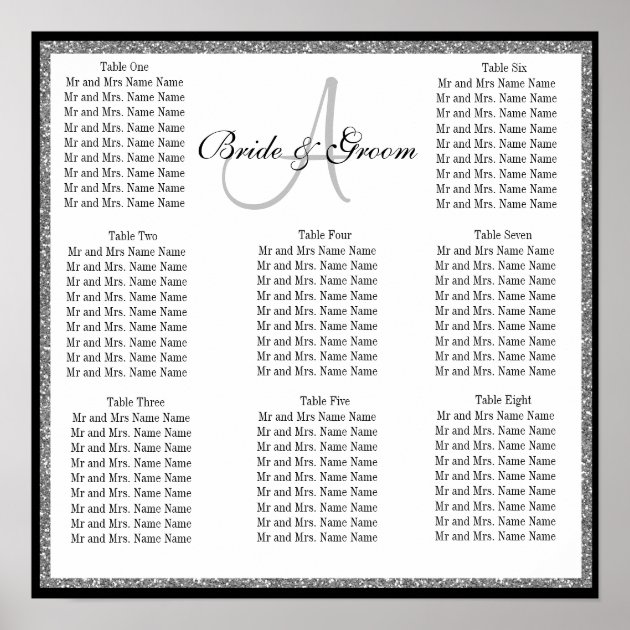 Silver Faux Glitter Template Wedding Seating Chart Poster
