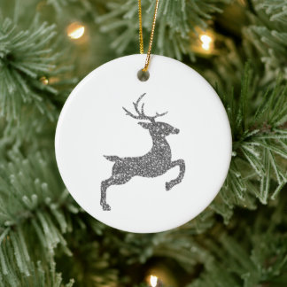 Silver Faux Glitter Texture Jumping Deer Shape Ceramic Ornament