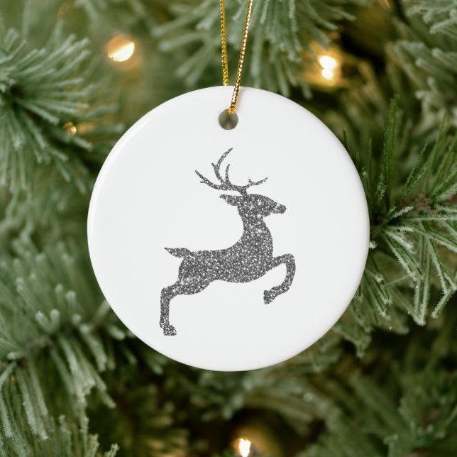 Silver Faux Glitter Texture Jumping Deer Shape Ceramic Ornament (Tree)