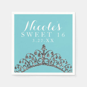 Silver Faux Glitter Tiara Crown Birthday Party Paper Napkins