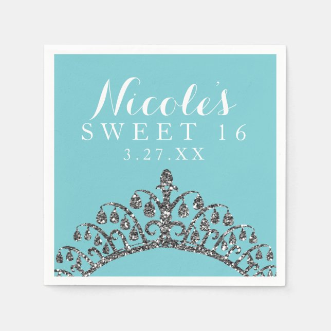 Silver Faux Glitter Tiara Crown Birthday Party Paper Napkins (Front)