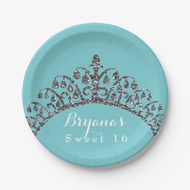 Silver Faux Glitter Tiara Crown Birthday Party Paper Plates (Front)